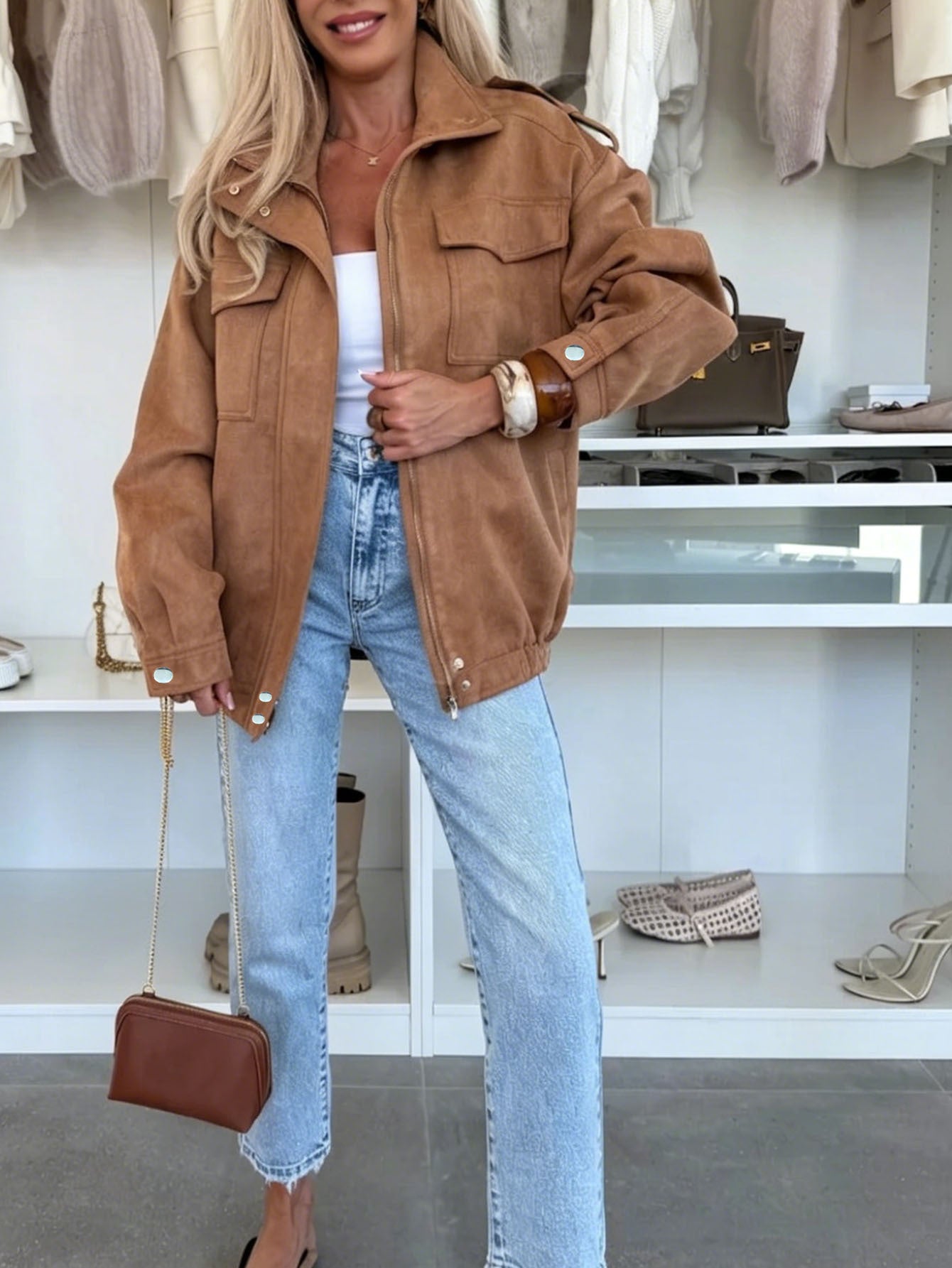 Damen Oversized Jacke in Wildleder-Optik mit Brusttaschen und Epauletten Chichicherry