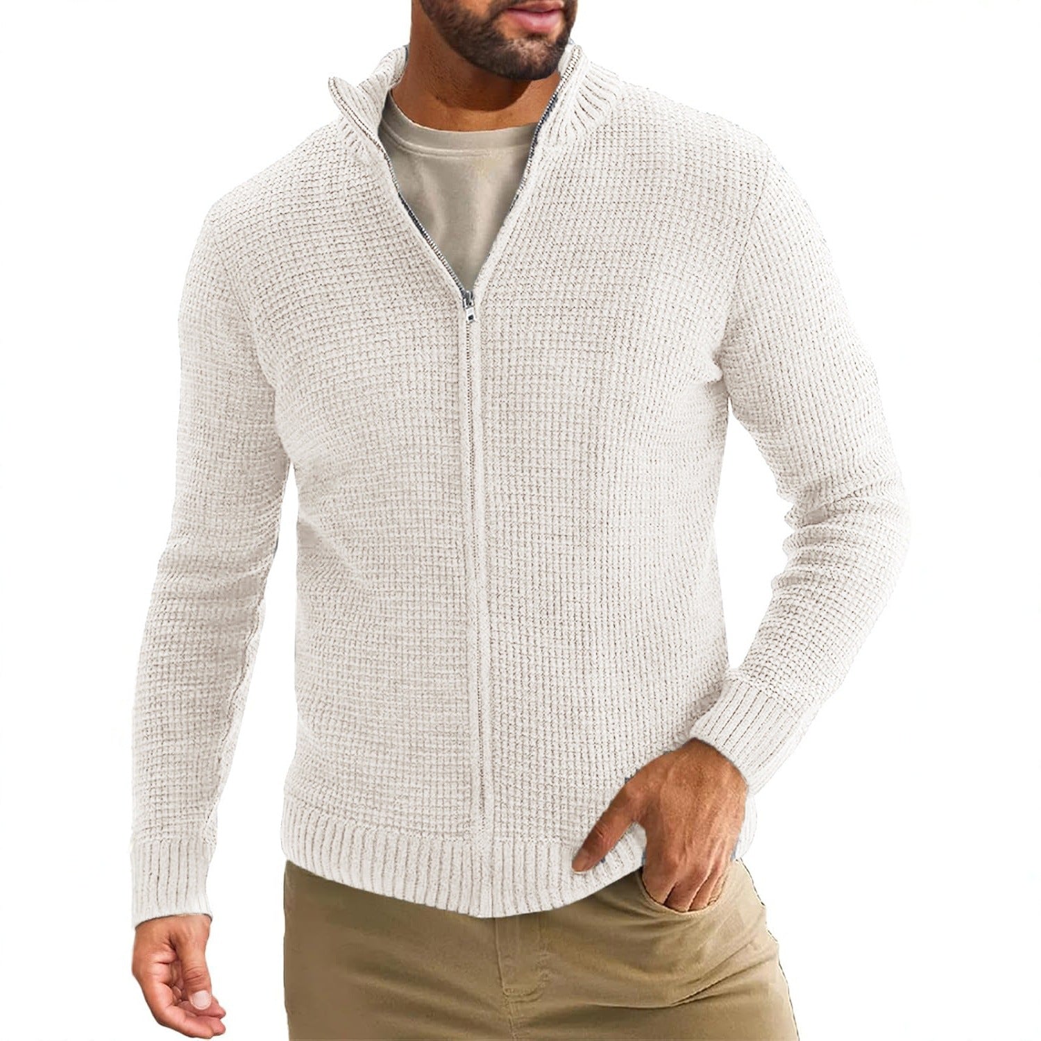 Men's Zip-Up Cardigan with Waffle Texture and Stand-Up Collar Chichicherry