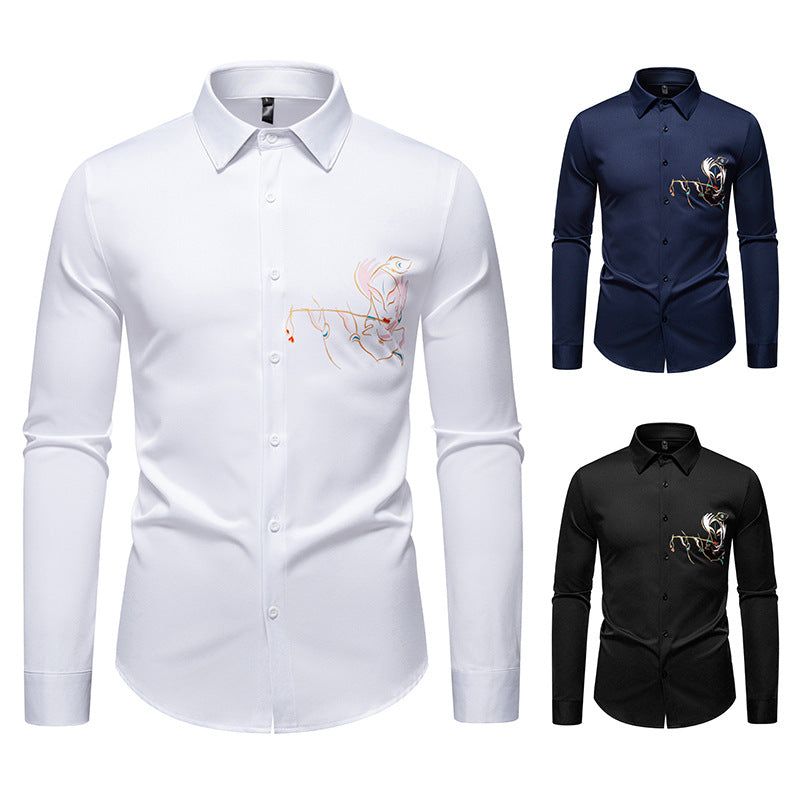Men's Slim-Fit Business Shirt with elaborate chest embroidery and Kent collar Chichicherry