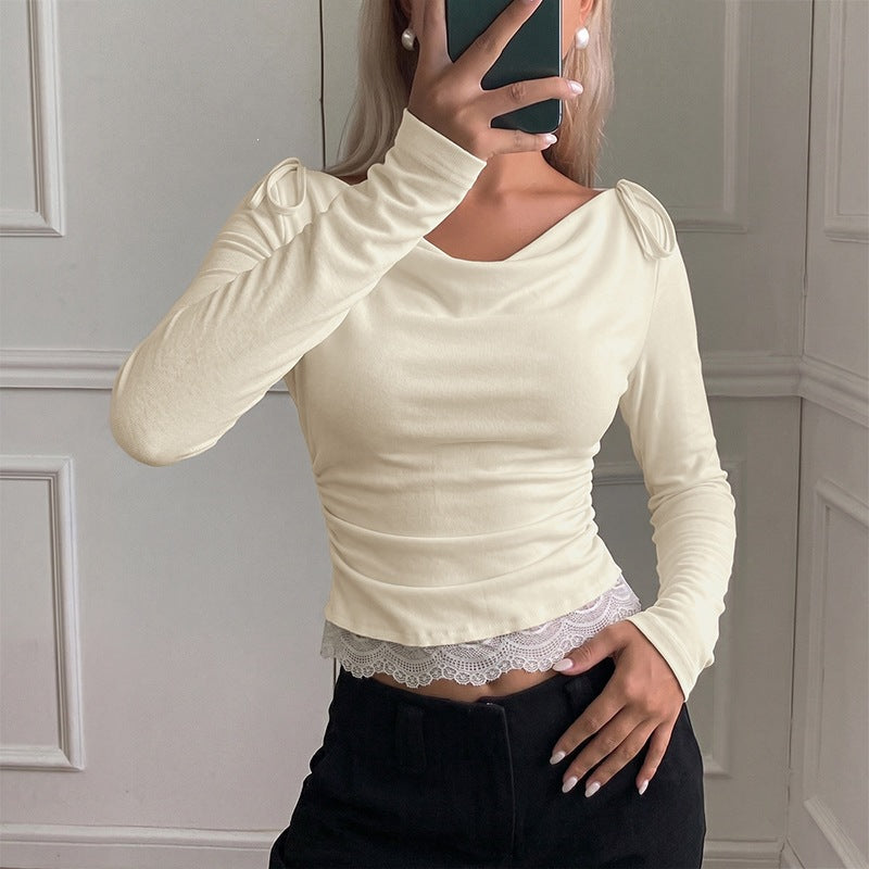 Women's Long Sleeve Top with Waterfall Neckline, Shoulder Straps and Lace Trim Chichicherry