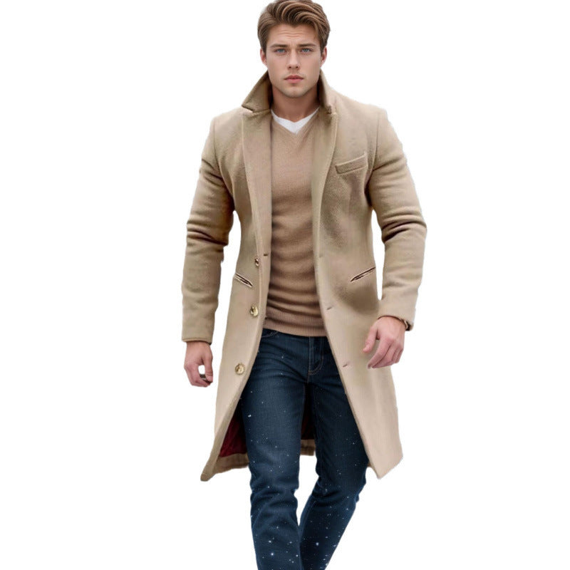 Men's Elegant Single-Breasted Long Coat Made of Wool Blend with Slim Silhouette and Lapel Collar Chichicherry