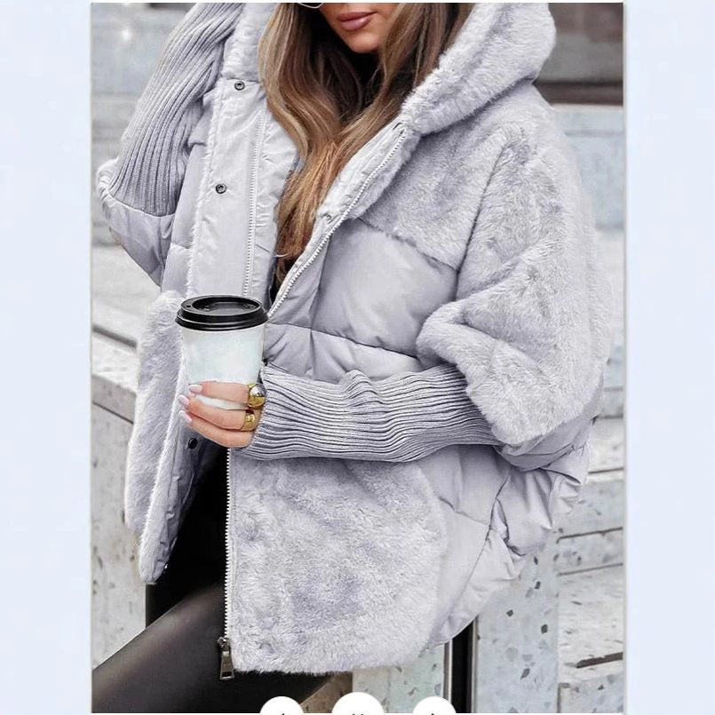 Women's Quilted Oversized Parka with Faux Fur Trim, Hood and Ribbed Cuffs Chichicherry