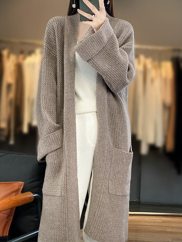 Women's Long Oversize Knit Cardigan with Textured Pattern and Patch Pockets Chichicherry