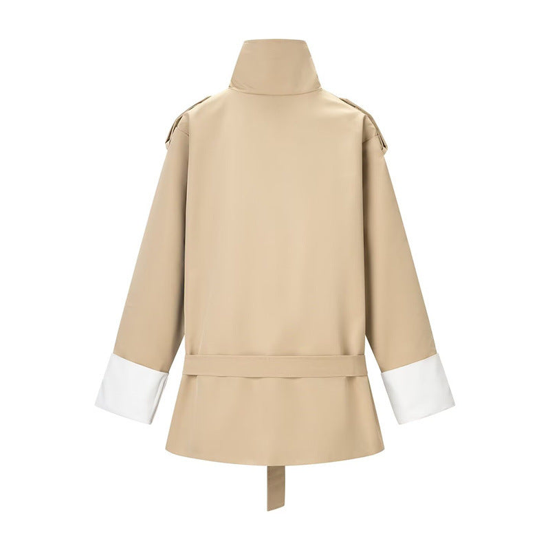 Women's Short Trench Coat with Stand Collar, Waist Belt and Contrast Cuffs Chichicherry
