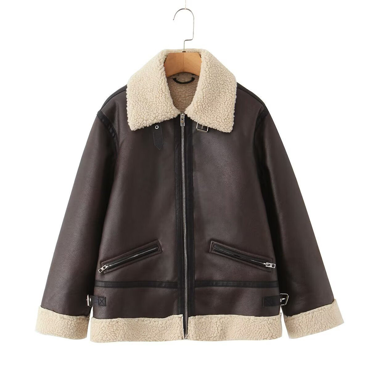 Women's Oversize Pilot Jacket made of Faux Leather with Teddy Collar and Zipper Pockets Chichicherry