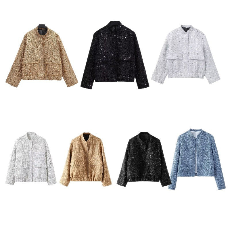 Women's embellished bouclé bomber jacket with sequins and rhinestones Chichicherry