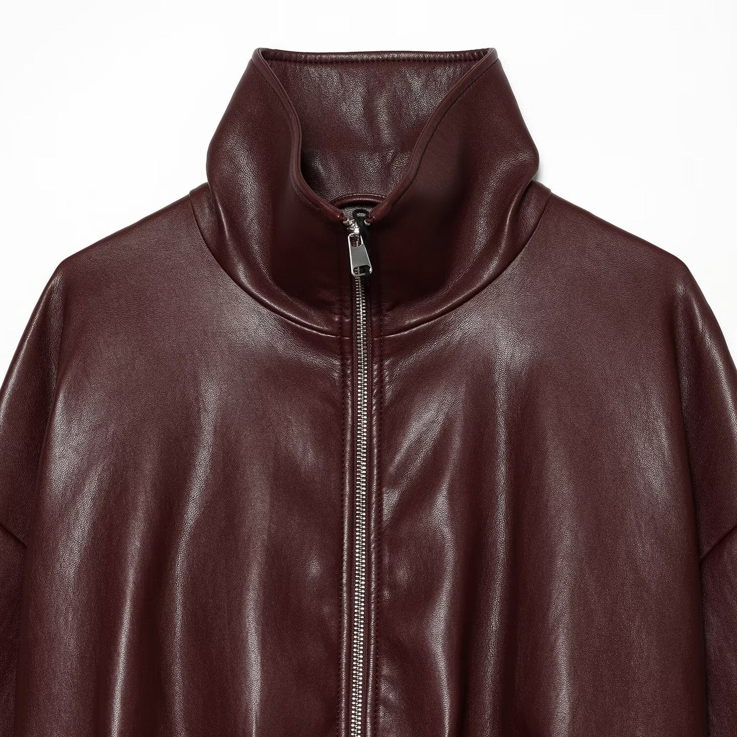 Women's Cropped Boxy Bomber Jacket in shiny leather look with high funnel collar Chichicherry