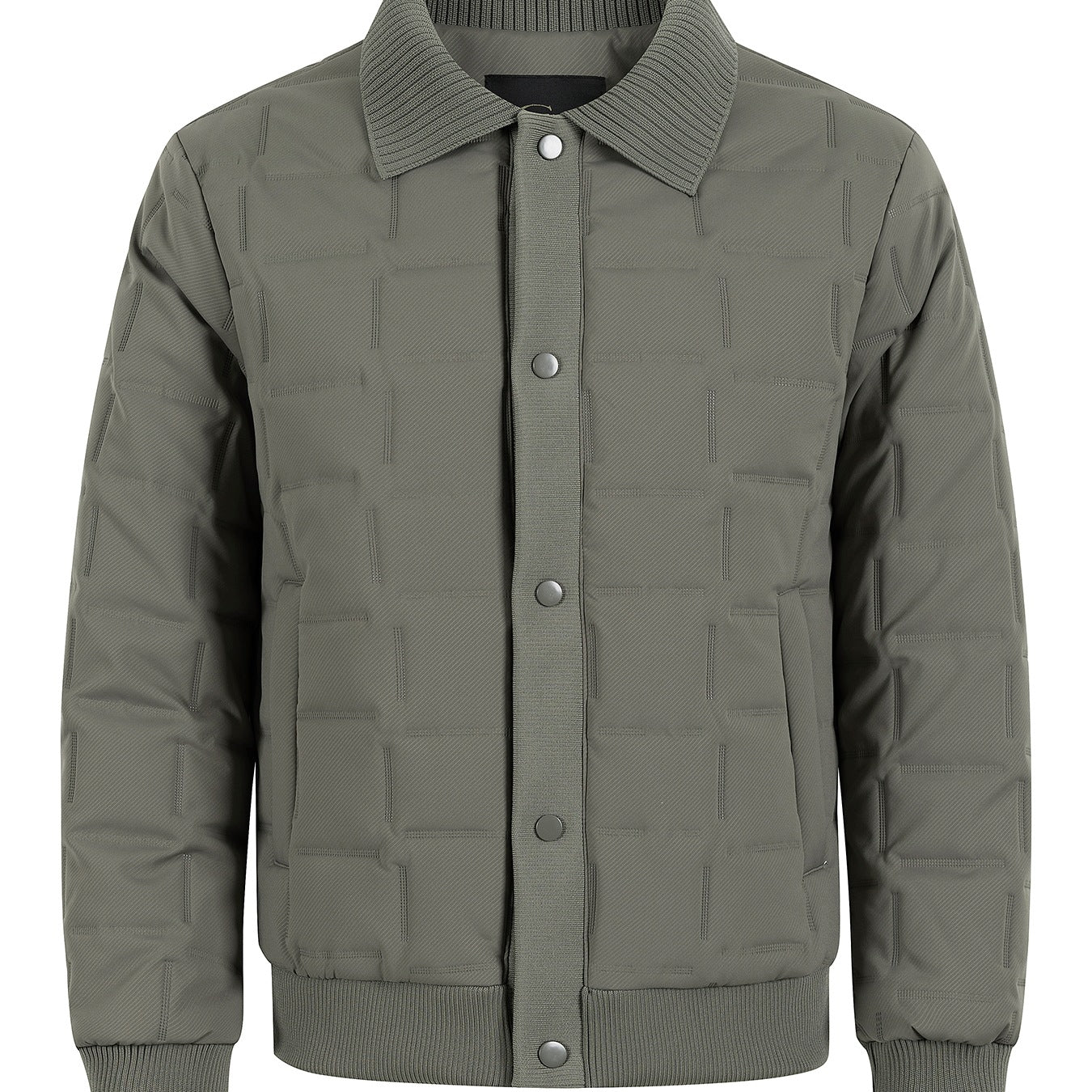 Men's short-cut quilted bomber jacket with ribbed collar, snap button placket, and geometric quilt Chichicherry