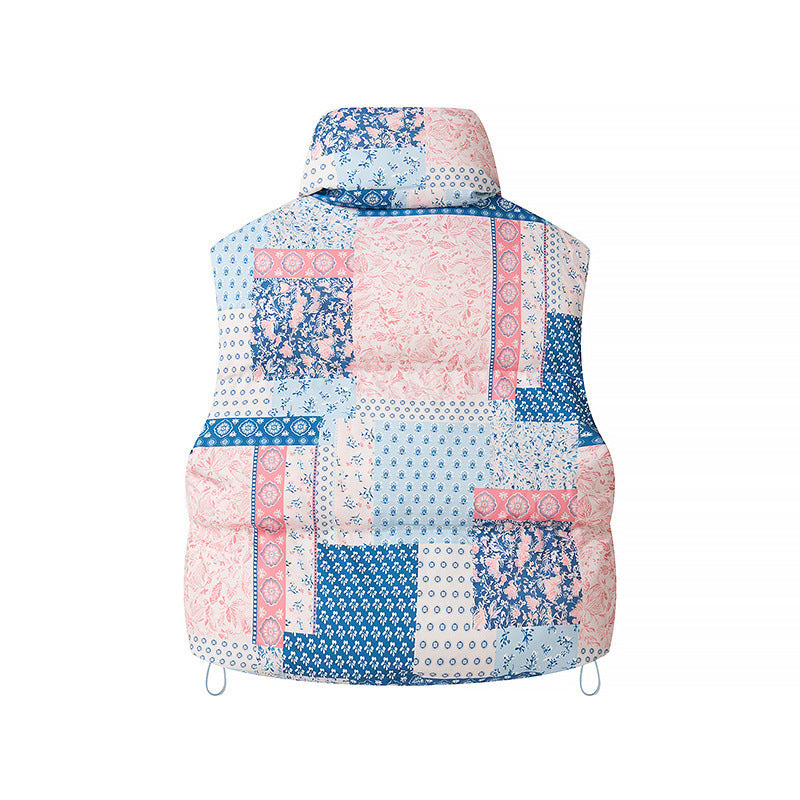 Women short cut quilted vest with stand-up collar and floral pattern Chichicherry