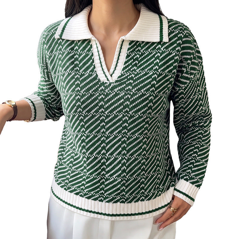 Women's jacquard knit pullover with polo collar and V-slit Chichicherry