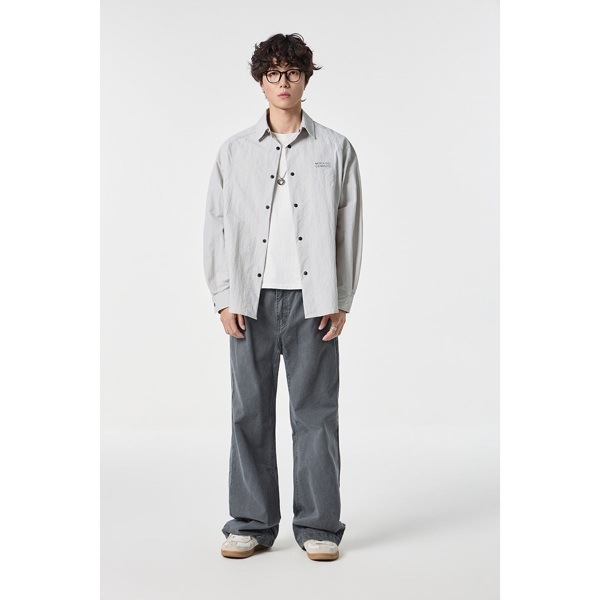 Unisex Relaxed Coach Shirt Jacket with Kent Collar, Snap Button Placket and Minimal Chest Print Chichicherry