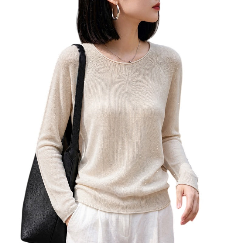 Women Light Round Neck Sweater in Cashmere-Look with Raglan Sleeves Chichicherry