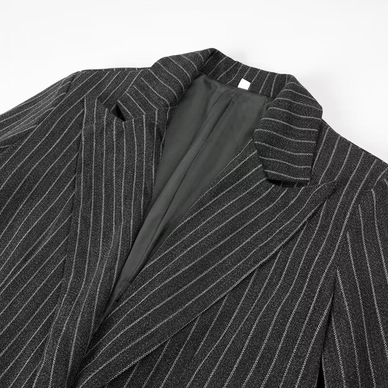 Women Longline Wool Blend Coat with Pinstripes, Tailored Lapel and Flap Pockets Chichicherry