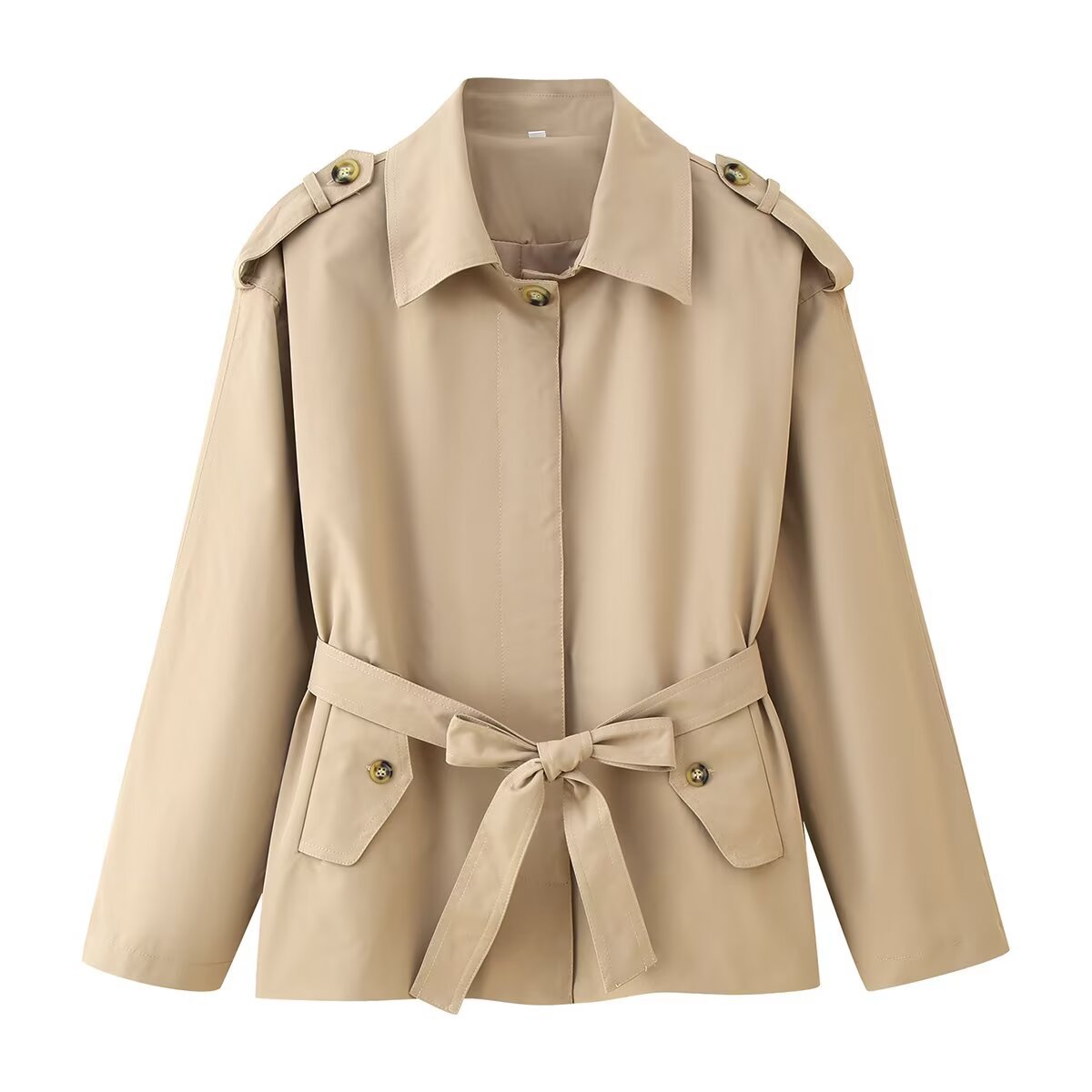 Women's short trench coat with waist belt, shoulder flaps, and patch pockets Chichicherry