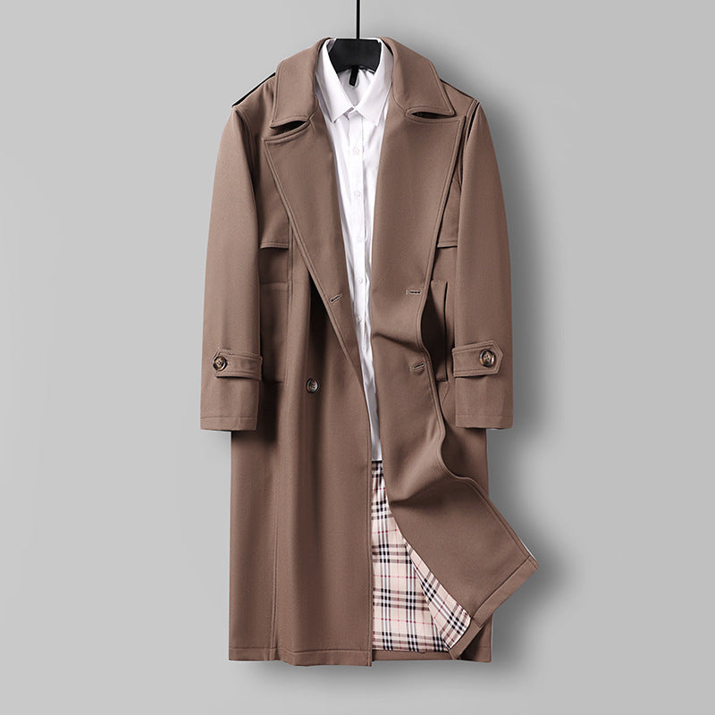 Men's Midi Length Double Breasted Trench Coat with Waist Belt, Notched Lapel and Checked Lining Chichicherry