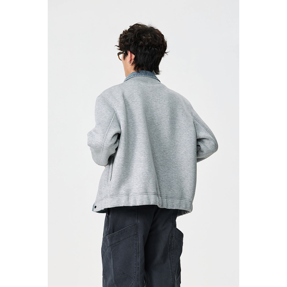 Unisex Layered Look Boxy Blouson with integrated Denim Collar and Snap Button Placket Chichicherry