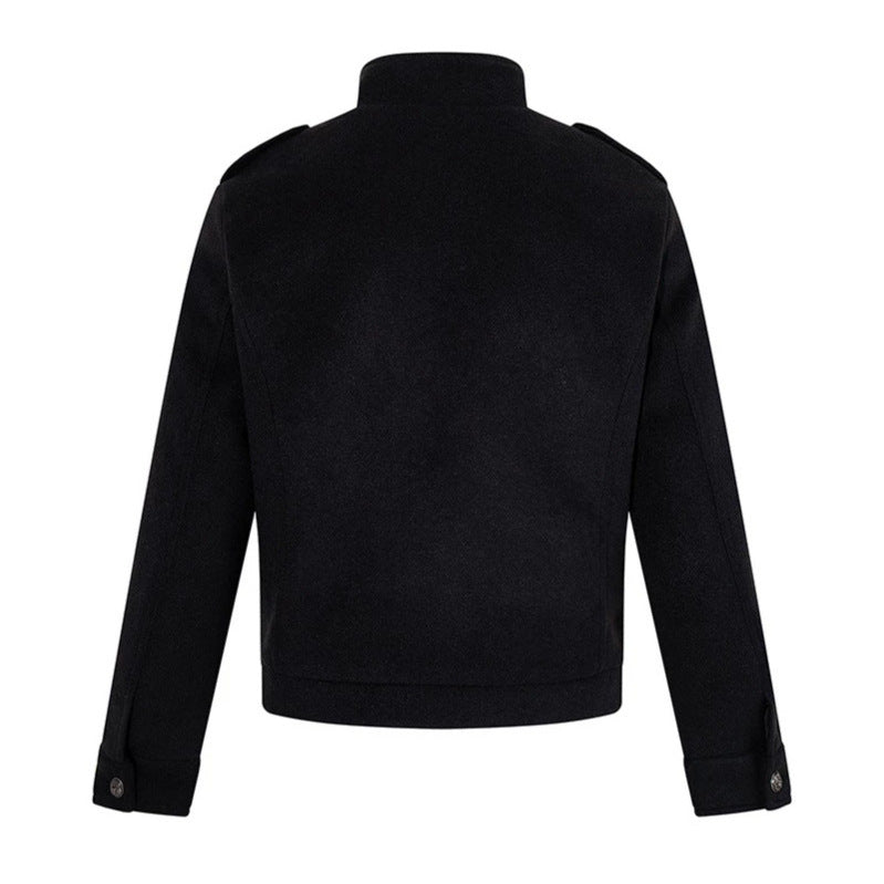 Men's short military-inspired wool jacket with stand-up collar & double-breasted decorative buttons Chichicherry
