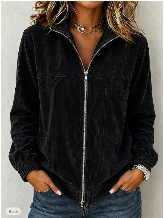 Women's cord jacket with zipper, stand-up collar and patch chest pocket Chichicherry