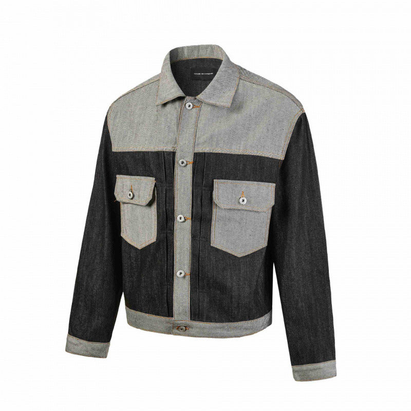 Men's cropped patchwork denim jacket with flap pockets and constructive seam guidance Chichicherry
