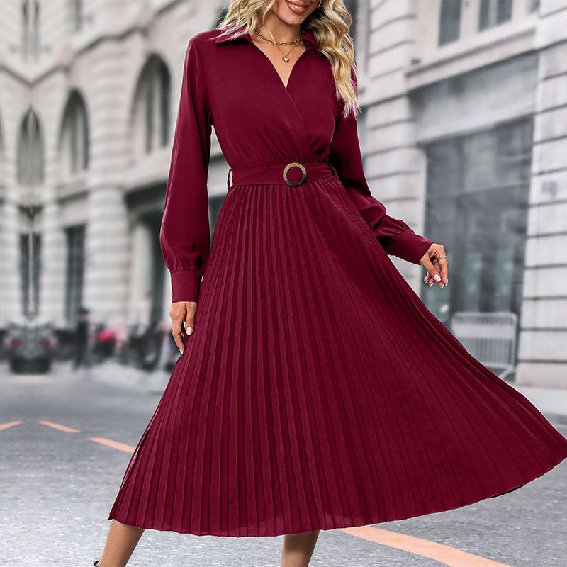 Women's Midi Pleated Dress with Wrap Top, Waist Belt and Pleated Skirt Chichicherry