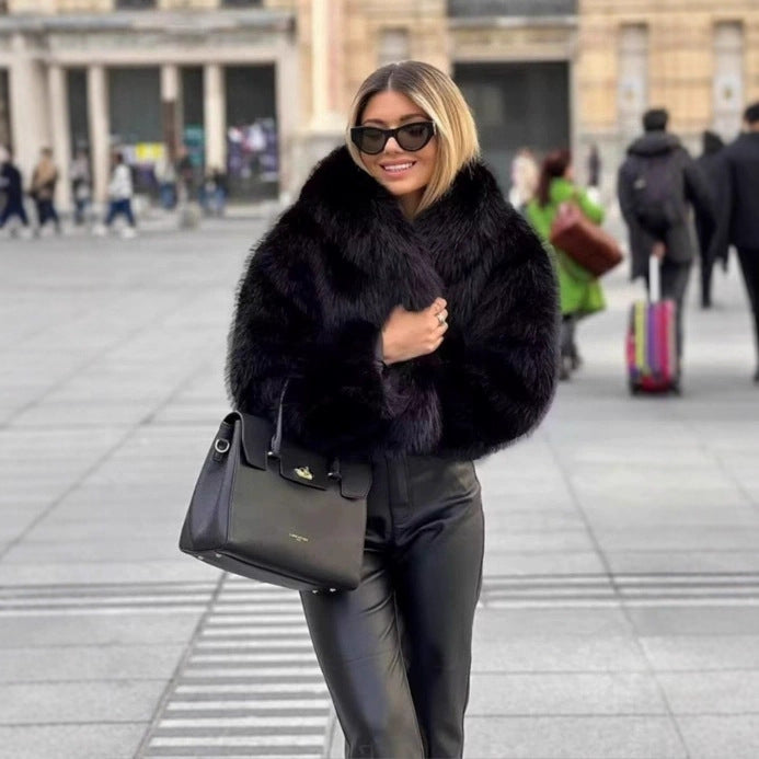 Women Short Boxy Faux Fur Blouson with Voluminous Shawl Collar Chichicherry