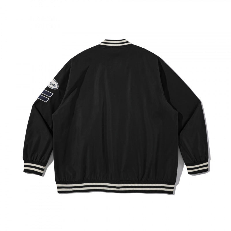 Unisex College Bomber Jacket with quilted patch, striped ribbed hems and snap button placket Chichicherry