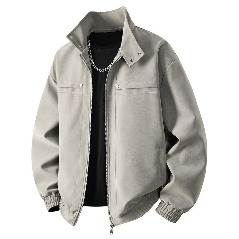 Men's Suede-Look Bomber Jacket with Stand-Up Collar, Zipper and Elastic Hem Chichicherry