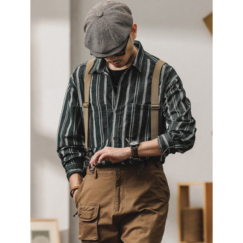 Herren Gestreiftes Overshirt-Hemd aus Baumwoll-Leinen mit Brusttaschen Chichicherry