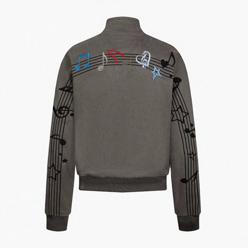 Women’s cropped stand-up collar sweat jacket with note and star embroidery Chichicherry