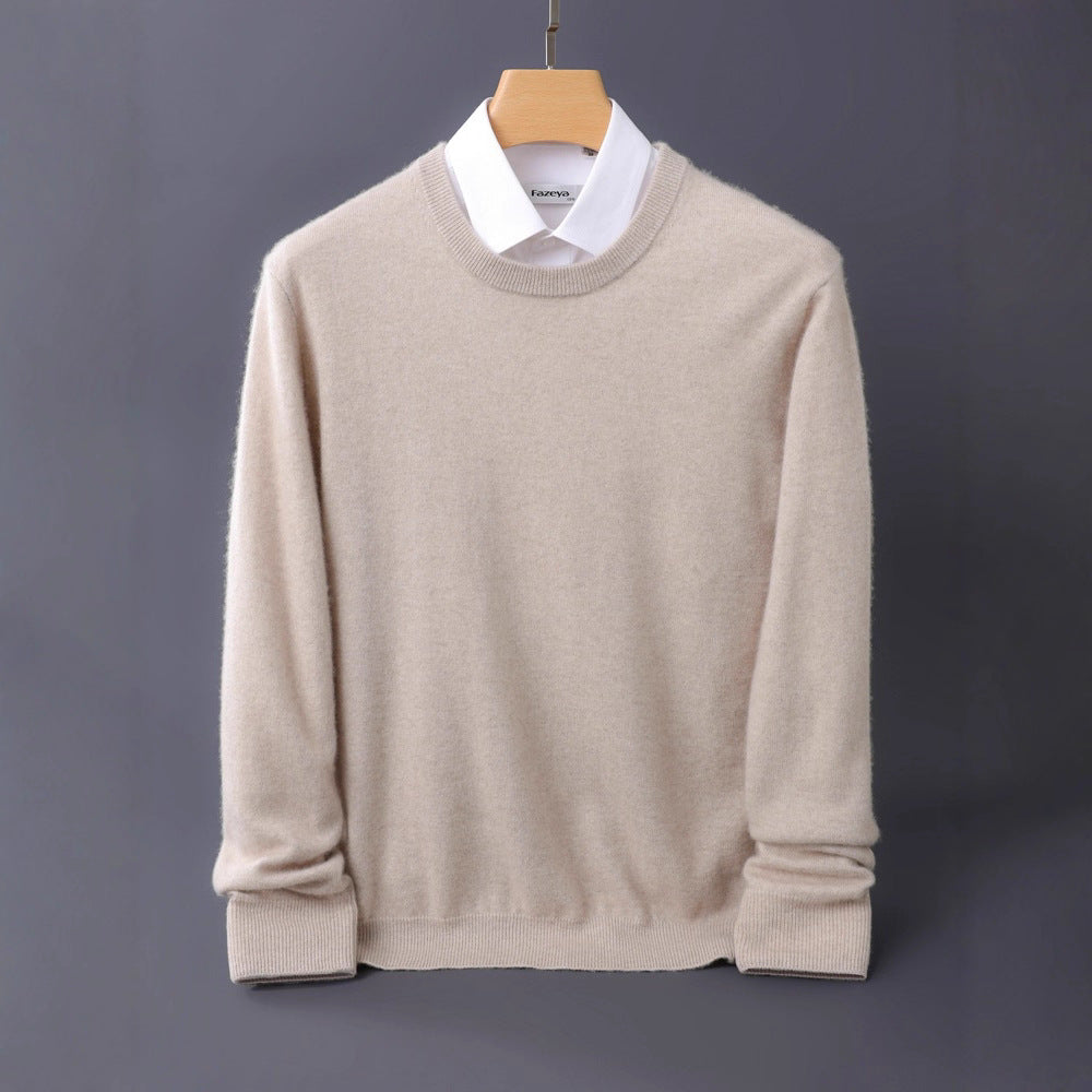 Men's Fine Round Neck Knit Sweater in Cashmere Look with Ribbed Cuffs Chichicherry