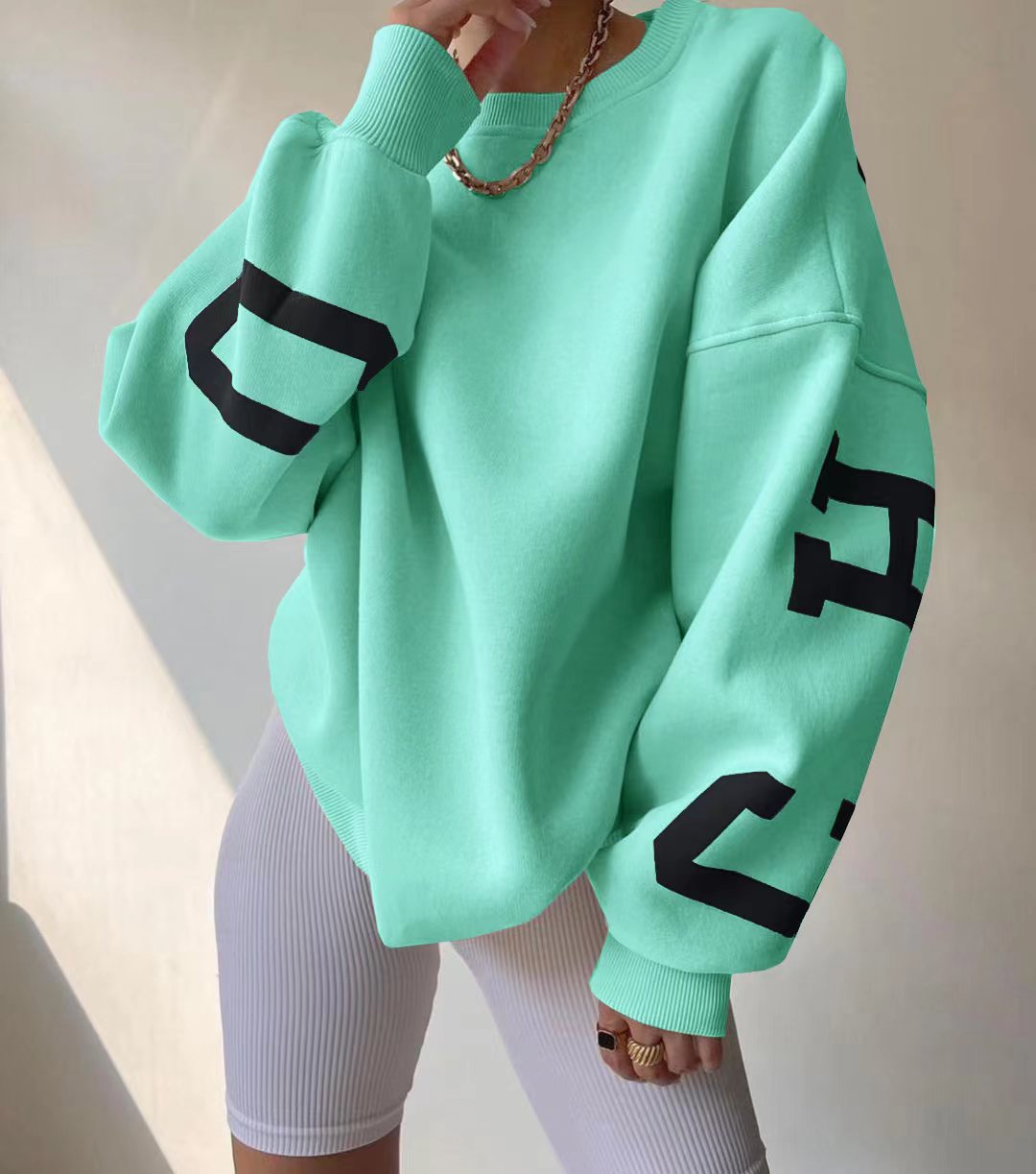 Damen Oversized Sweatshirt mit Blockprint-Ärmeln und weitem Drop-Shoulder-Schnitt Chichicherry