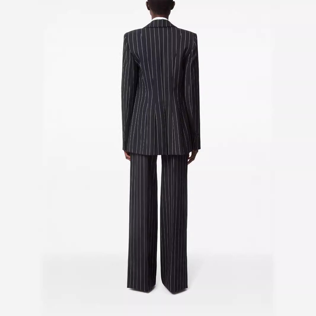 Women Oversize Pinstripe Two-Piece Tailoring Suit with Wide High-Waist Trouser Leg Chichicherry