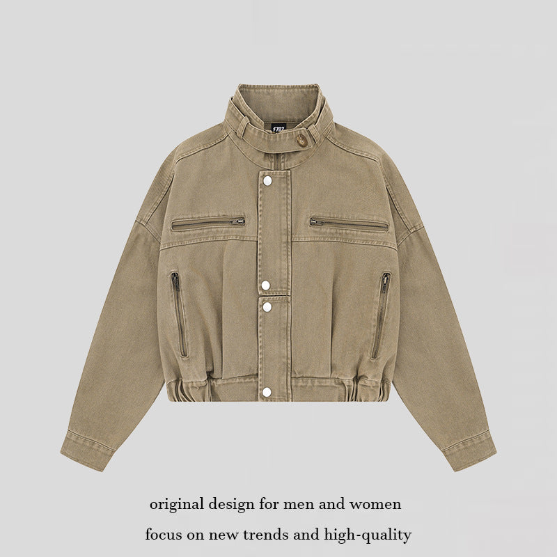 Women's Cropped Utility Bomber Jacket with Stand-Up Collar, Zipper Pockets and Elastic Cuffs Chichicherry
