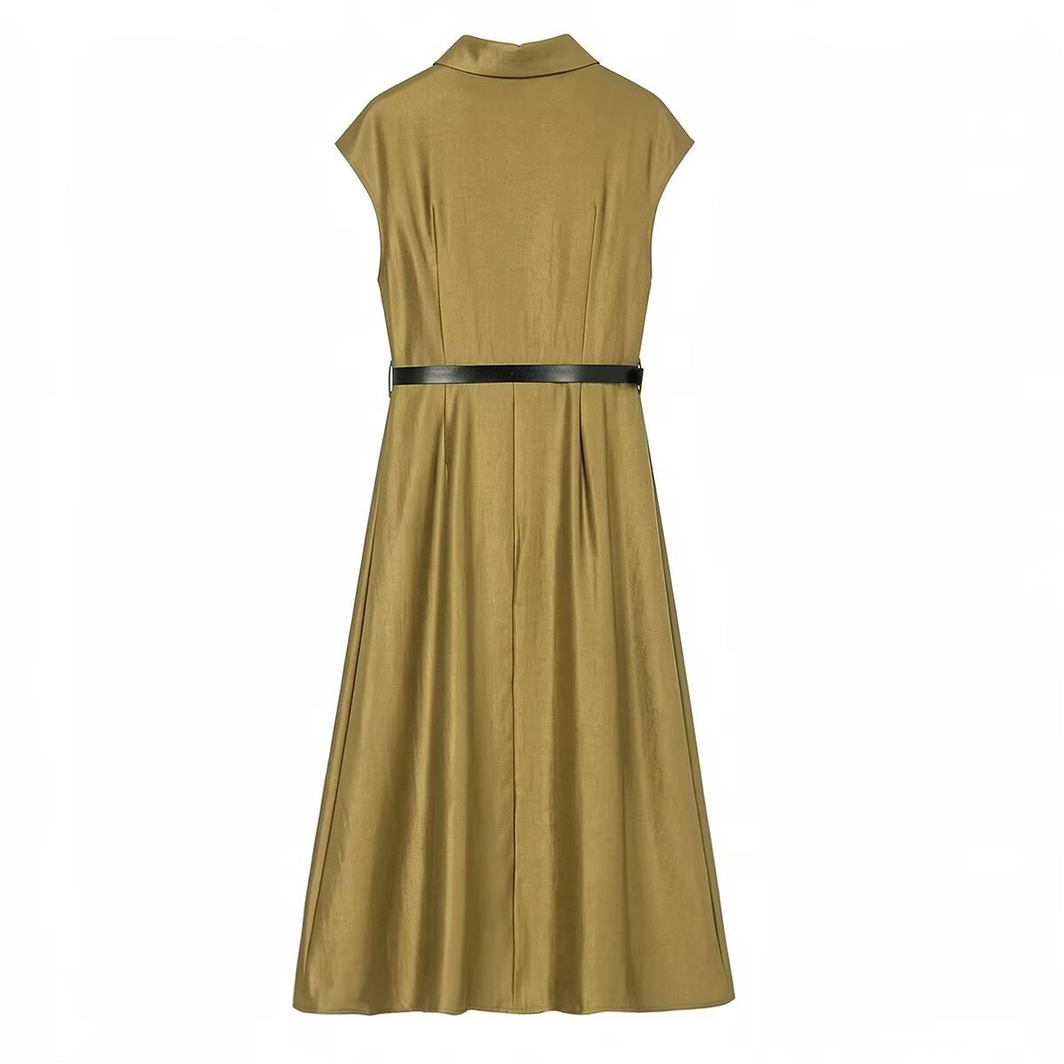 Women Sleeveless Shirt Dress with Waist Pleats and Belt Chichicherry