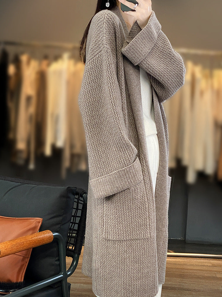 Women's Long Oversize Knit Cardigan with Textured Pattern and Patch Pockets Chichicherry