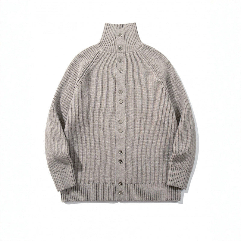 Men's chunky knit button cardigan with high roll collar and raglan sleeves Chichicherry