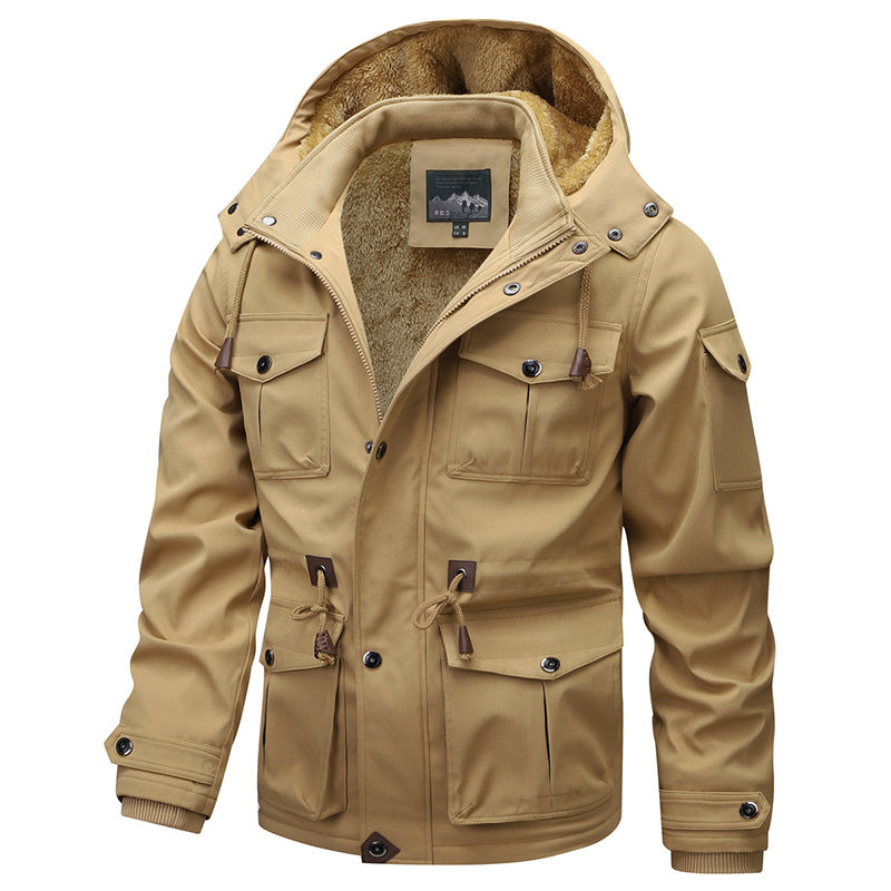 Men's Military-Inspired Canvas Parka with Teddy Fleece Lining and Adjustable Waist Drawstring Chichicherry