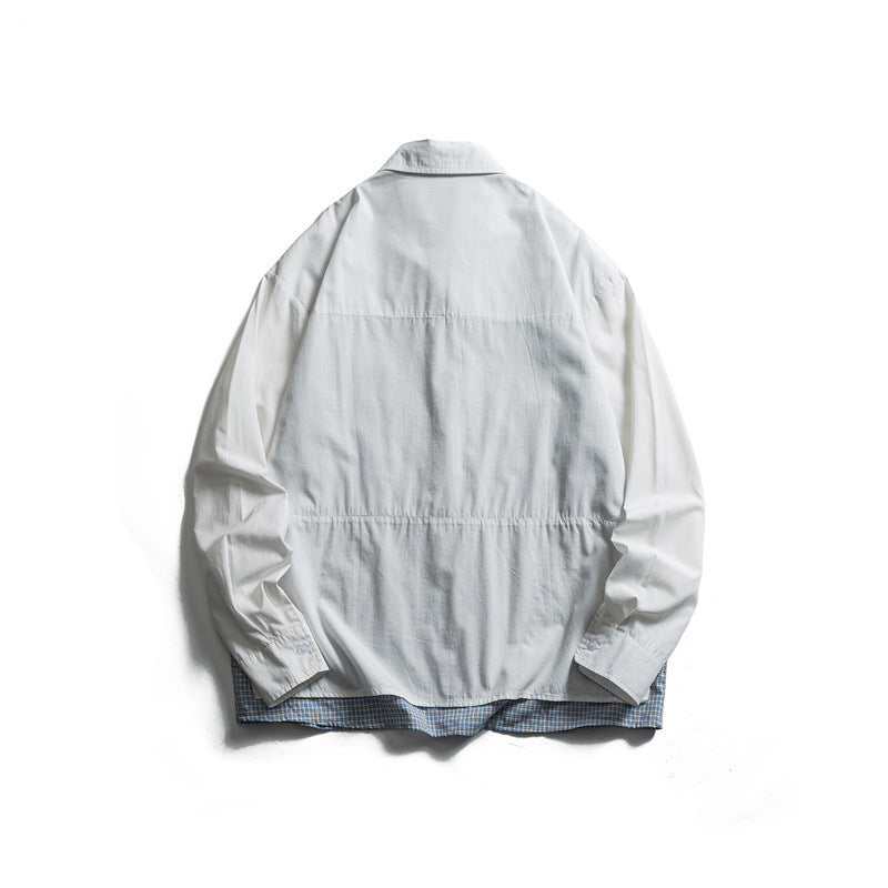 Unisex Oversized Shirt Jacket in Layered Look with Patch Chest Pockets and Check Insert Edge Chichicherry