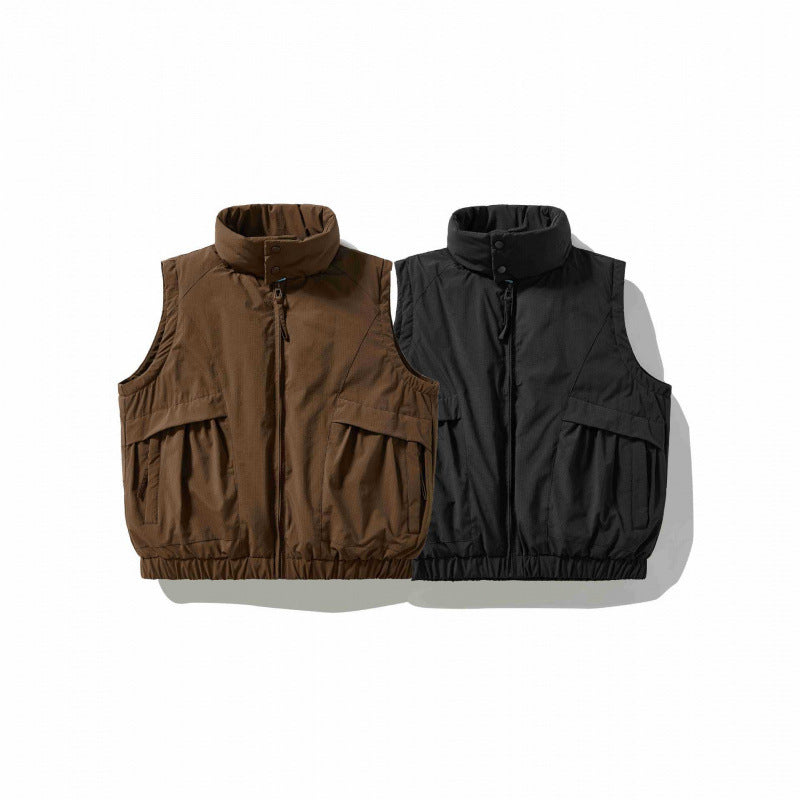 Men's Quilted Outdoor Vest with High Stand-Up Collar, Elastic Hem and Large Flap Pockets Chichicherry
