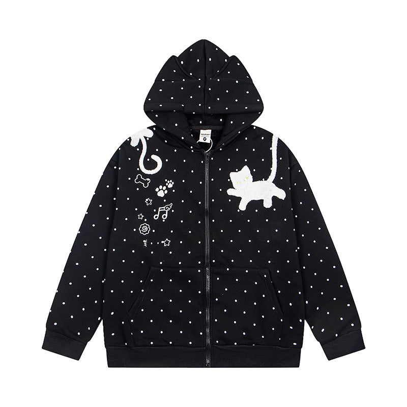 Women's hoodie sweatshirt jacket with cat ears, all-over polka dot and chenille cat applique Chichicherry