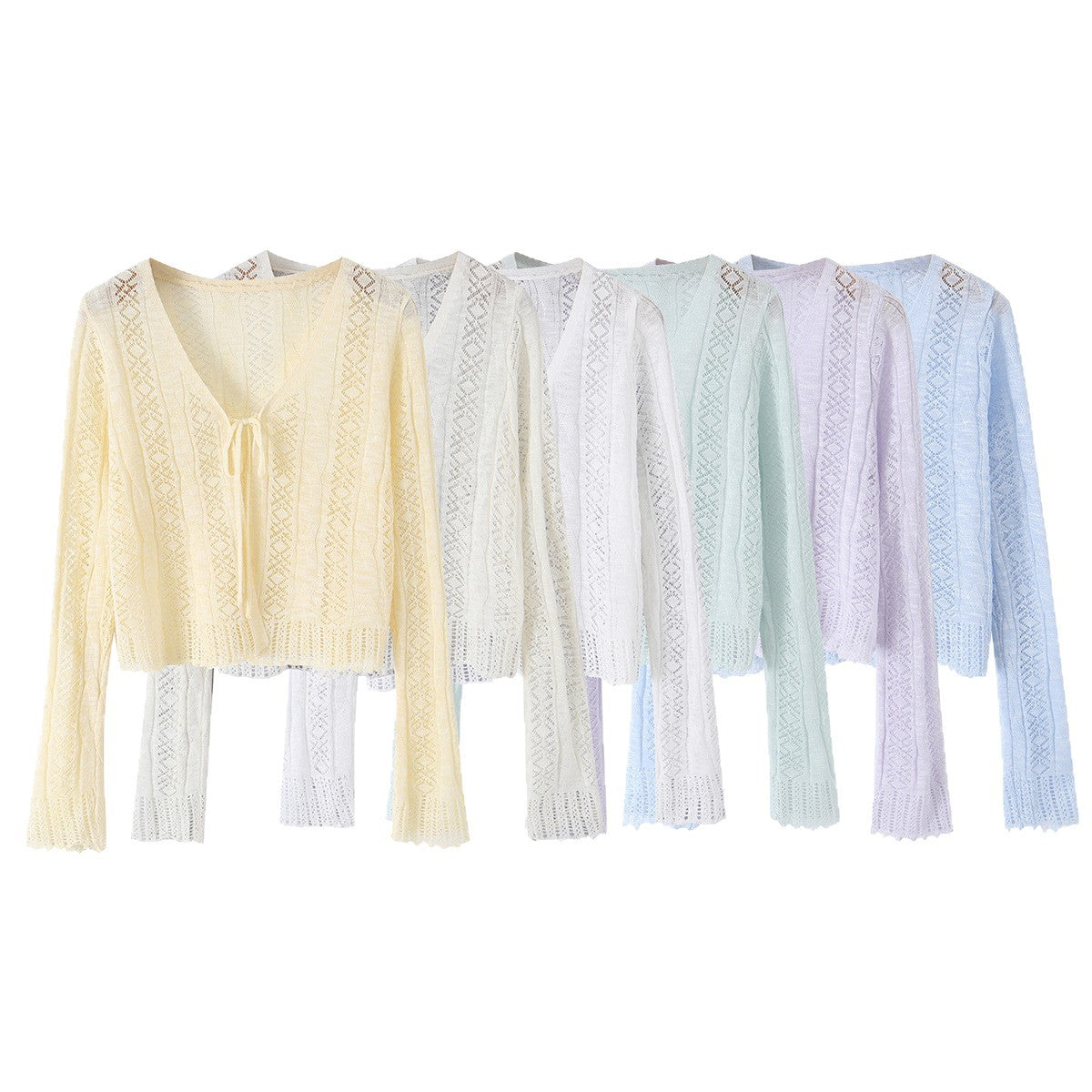 Women's Lightweight Crocheted Short Cardigan with V-Neck, Tie Band and Lace Pattern Chichicherry