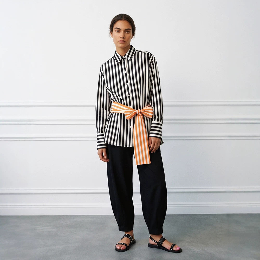 Women Vertical Striped Oversize Shirt Blouse with Boxy Silhouette and Tie Belt Chichicherry