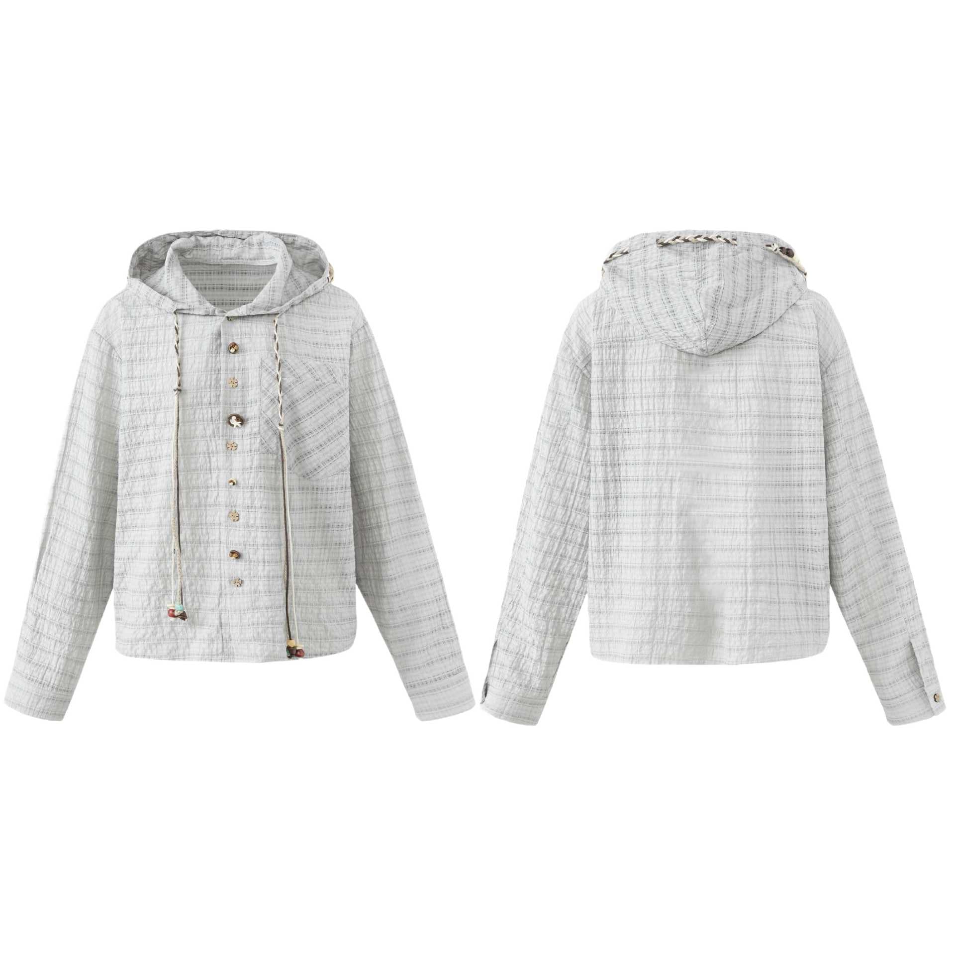Women's Lightweight Hooded Jacket in Boxy Cut with Wooden Button Closure Chichicherry