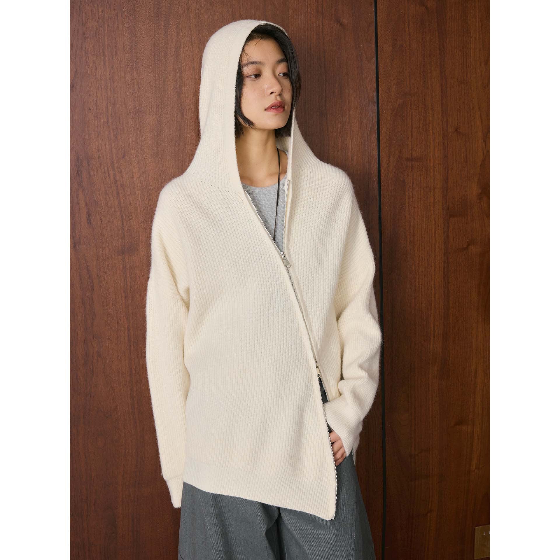 Women's Cozy Zip Hoodie Cardigan in Ribbed Knit Mix with Balloon Sleeves Chichicherry