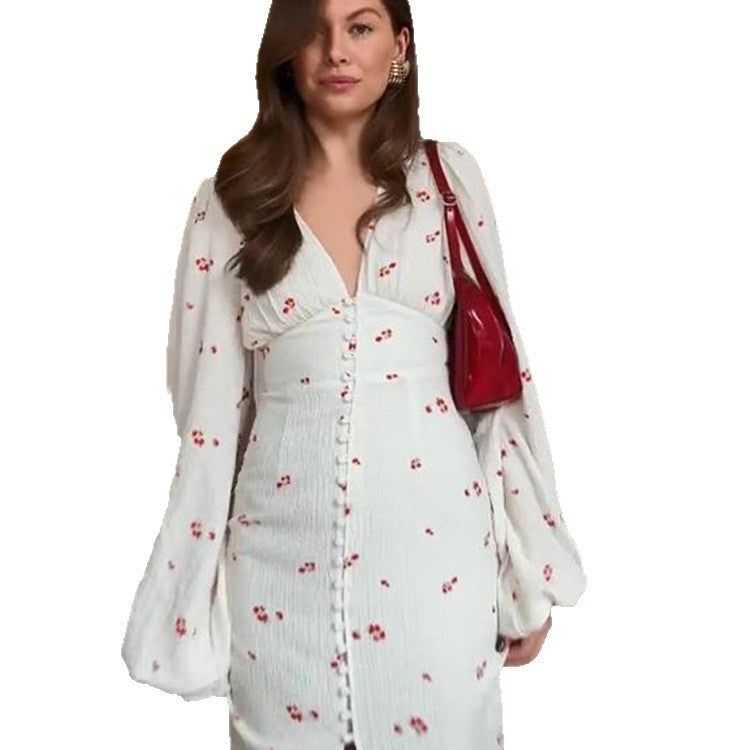 Ladies midi dress with puff sleeves, V-neckline and decorative button placket Chichicherry