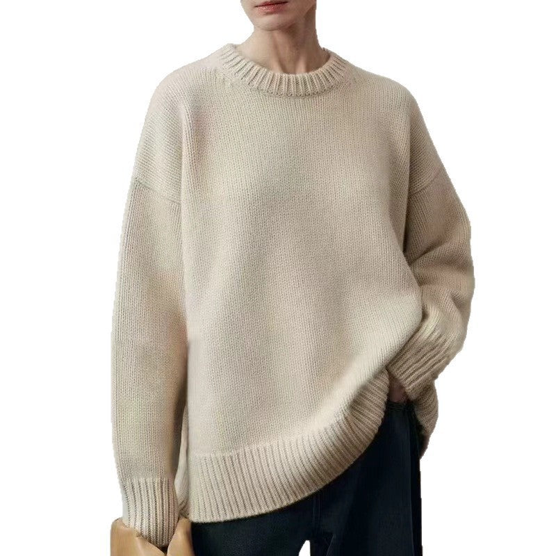 Women's Oversize Fine Knit Sweater with Round Neck, Dropped Shoulder and Ribbed Hem Chichicherry