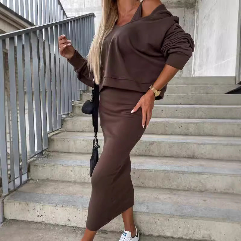 Damen Casual-Set Cropped-Sweatshirt mit Cut-Out-Trägern und High‑Waist Midirock aus Stretch-Fleece Chichicherry