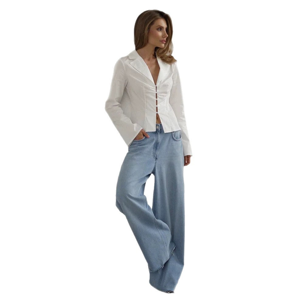 Women's Tailored Poplin Shirt Blouse with Corset Seams & Hook Front Chichicherry