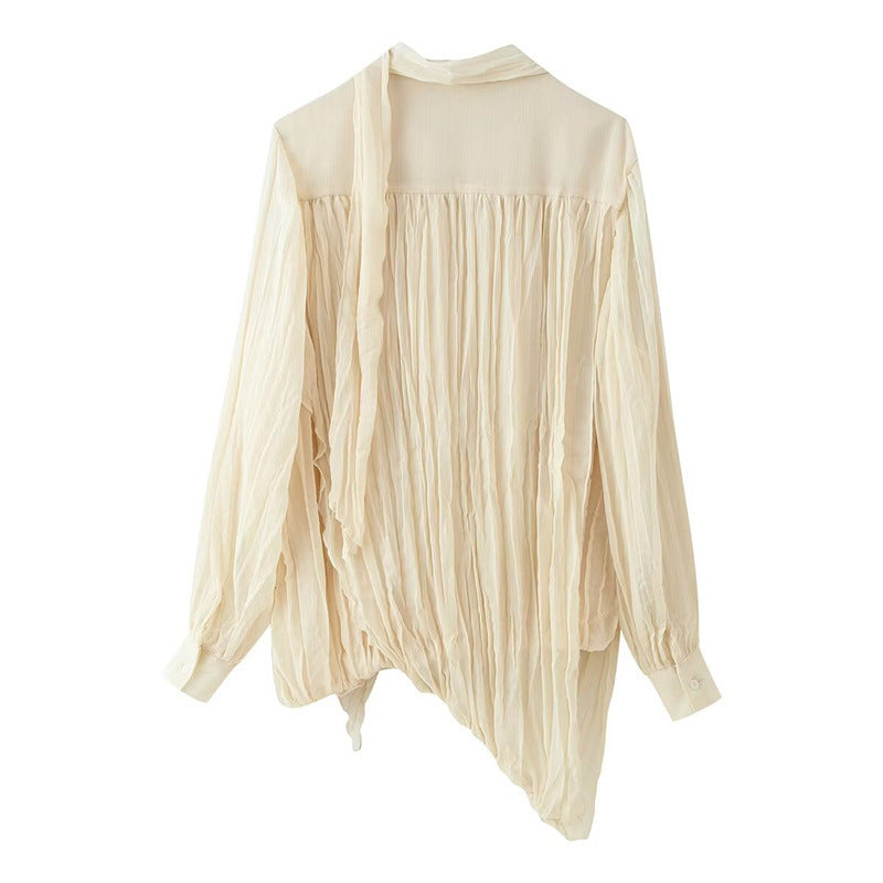 Women Transparent Pleated Chiffon Blouse with Neck Scarf Bow and Asymmetric Hem Chichicherry
