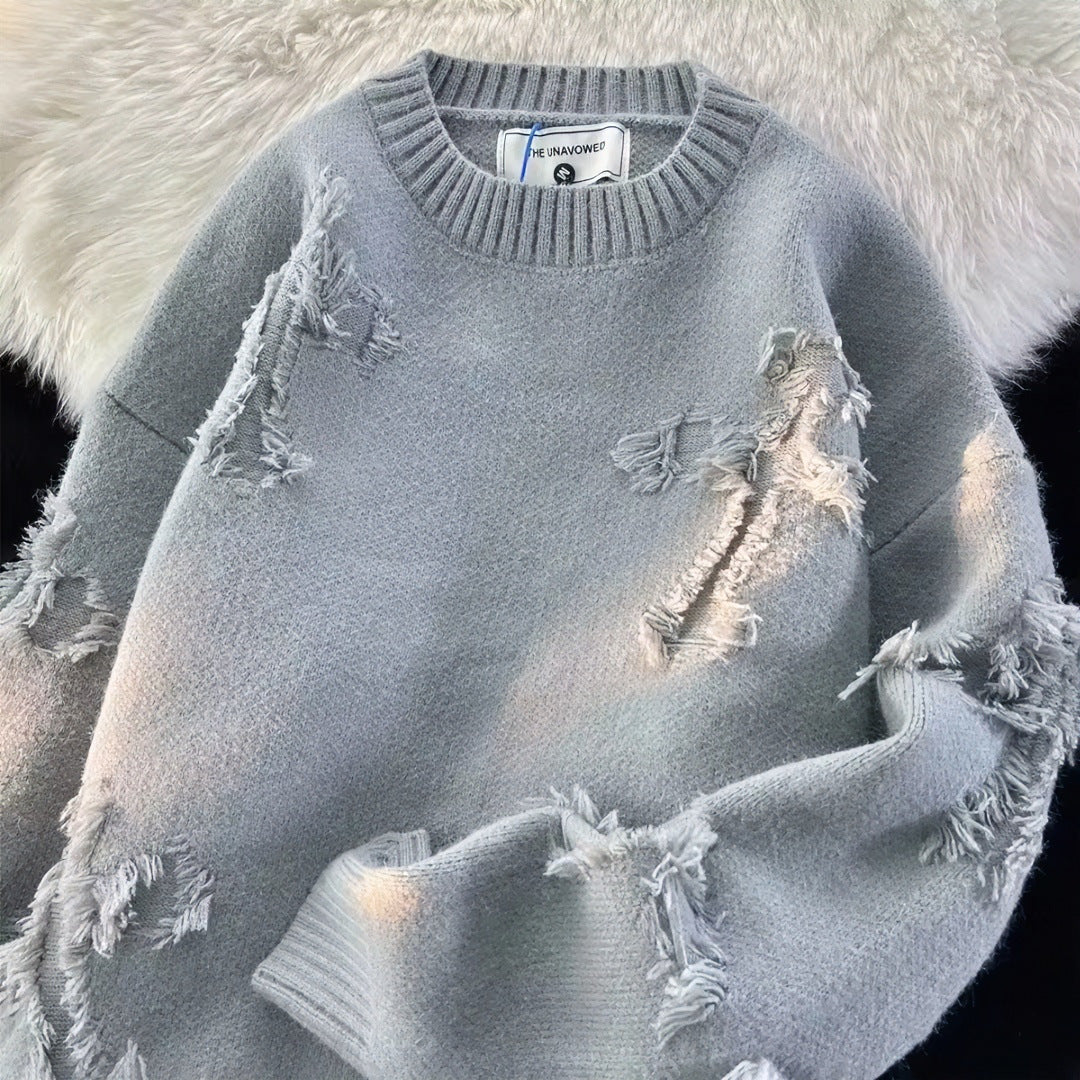 Unisex Oversized Rundhalspullover mit Destroy‑Fransen und geripptem Kragen Chichicherry